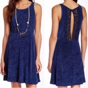 Free People Blue Boho Lady Jane Lace Trim Keyhole Skater XS Mini Dress EUC